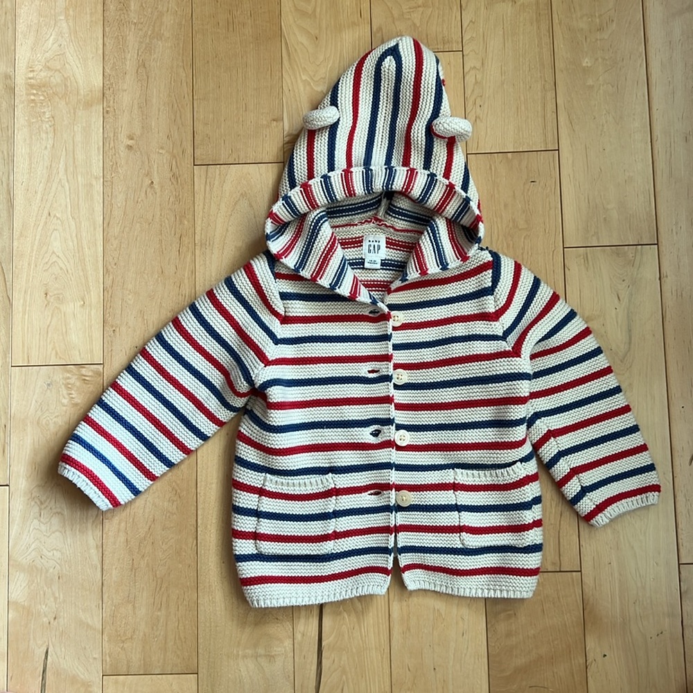 Baby Gap Brennan Bear Ear Hooded Sweater 18-24 months 2T Red Cream Blue Nautical